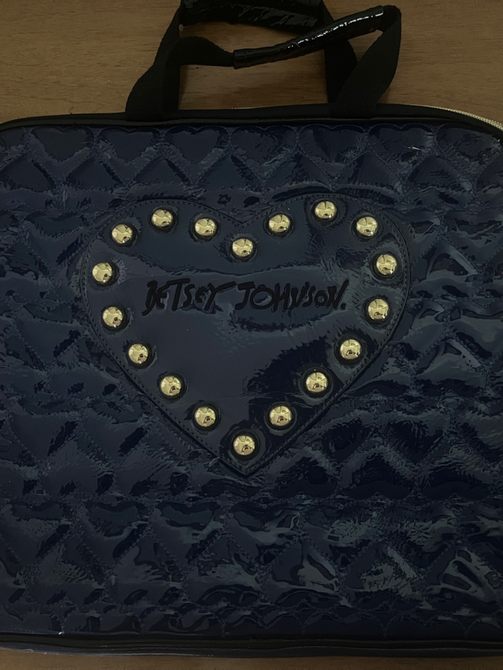 Betsey Johnson Navy Patent Quilted Laptop Bag with Gold Studs